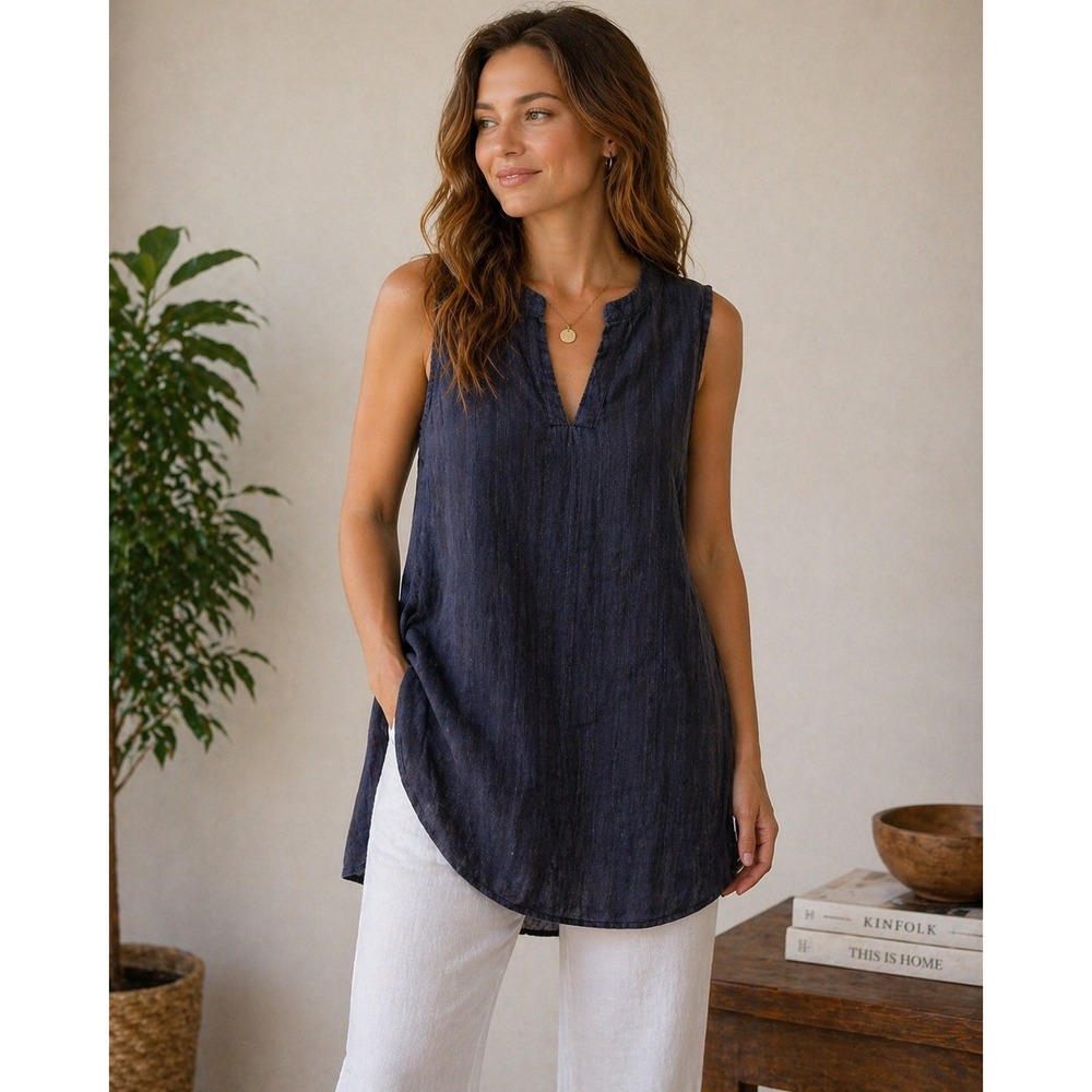 FLAX Tunic Top Womens‎ Petite P Navy Blue Striped Sleeveless Linen Split V-Neck